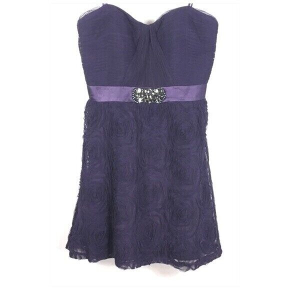 Adrianna Papell Cocktail Prom Dress Size 12 Purple Pleat Bodice Rosette Tulle - Picture 2 of 7